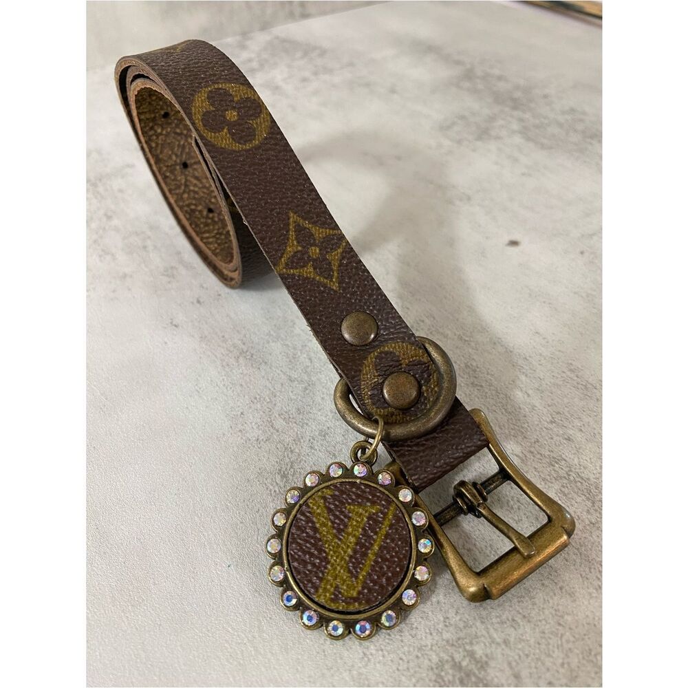 Brown Designer Monogram Dog Collar with Decorative Charm upcycle LV
